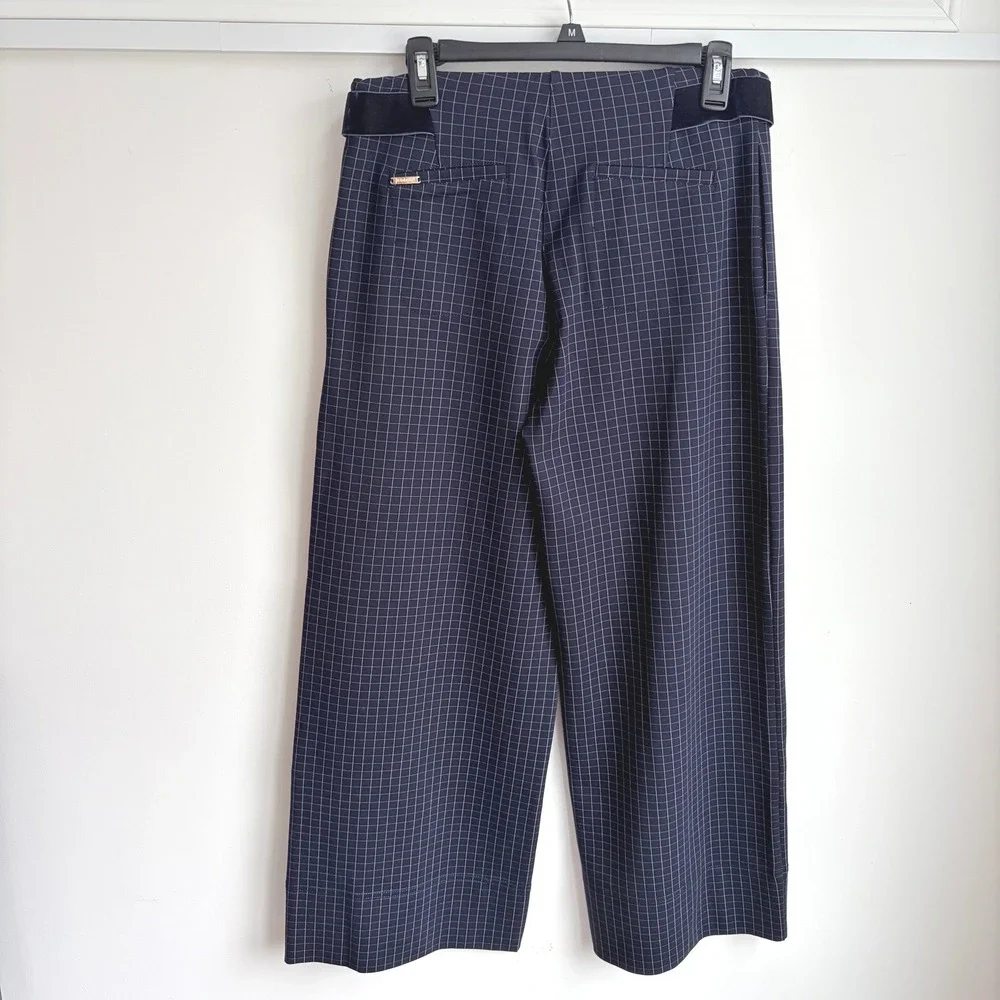 Betabrand Midtowne Navy Blue Grid Print Wide Leg Cropped Pants Size‎ L